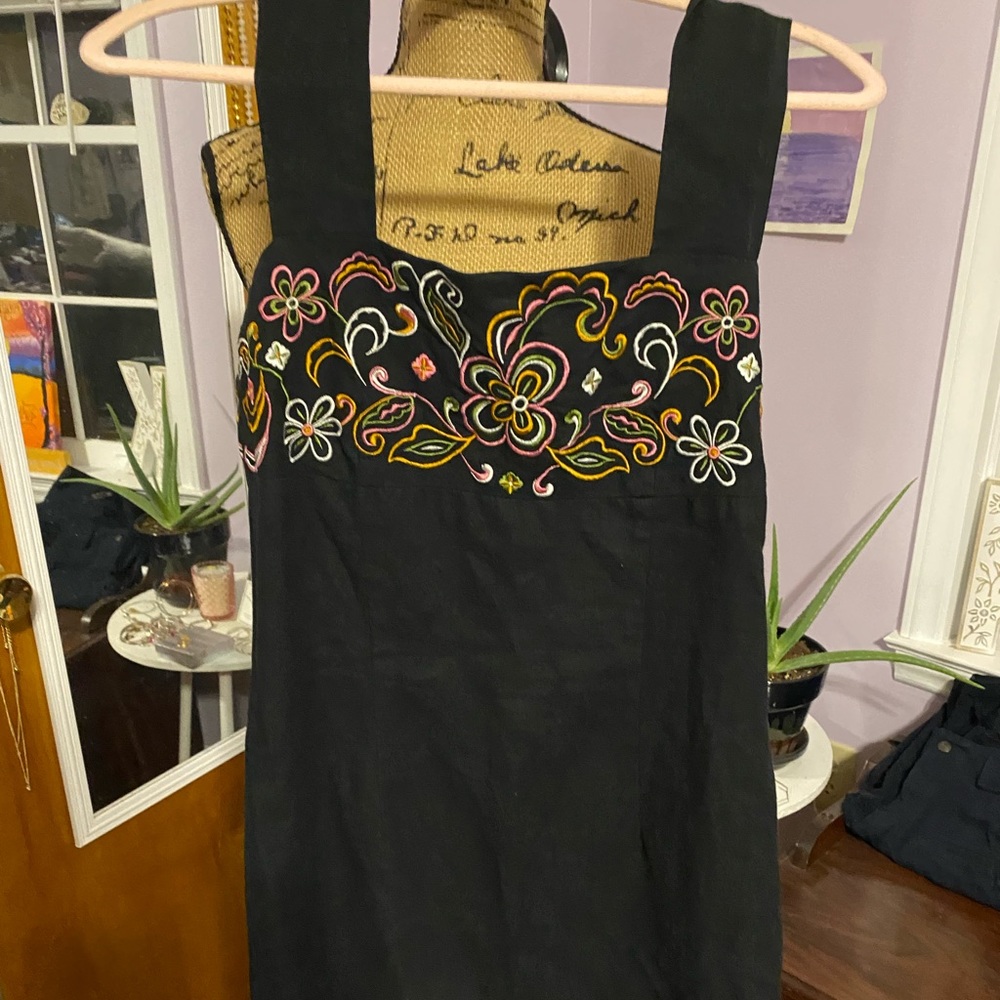 Black tank top dress with pink and orange flower embroidery